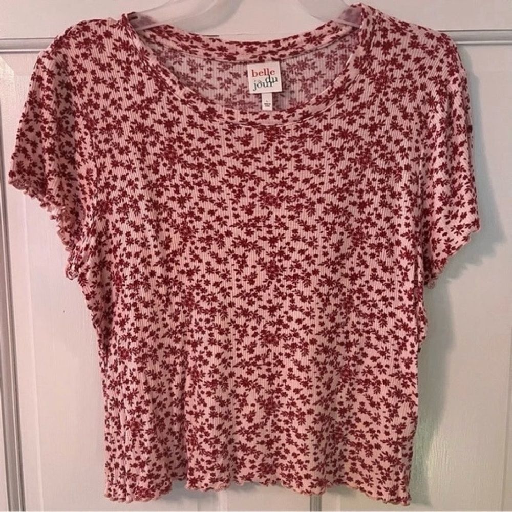 BELLE DU JOUR Pink Floral Ribbed Lettuce-Trim Short Sleeve Fitted T-Shirt